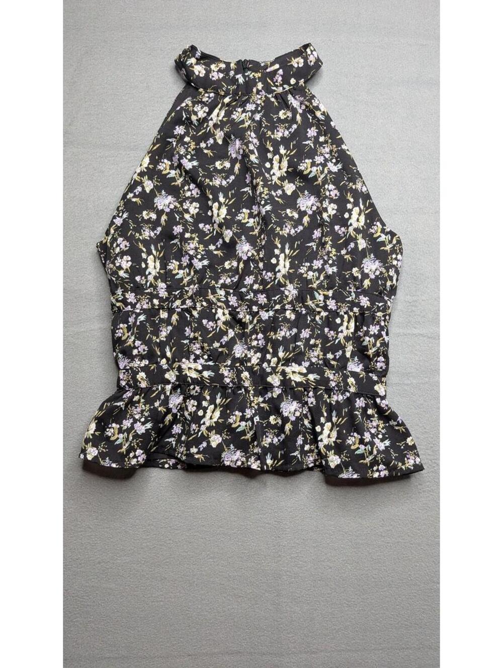 Pomelo Blouse Womens XXS Black Halter Sleeveless Floral Print Ruffle Peplum Top